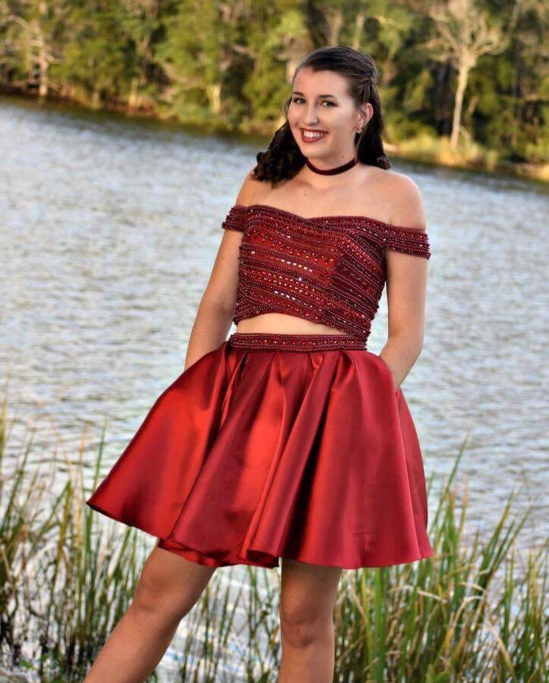 Cute Two Piece Off Shoulder Burgundy Short Prom Dress,Beaded Homecoming ...