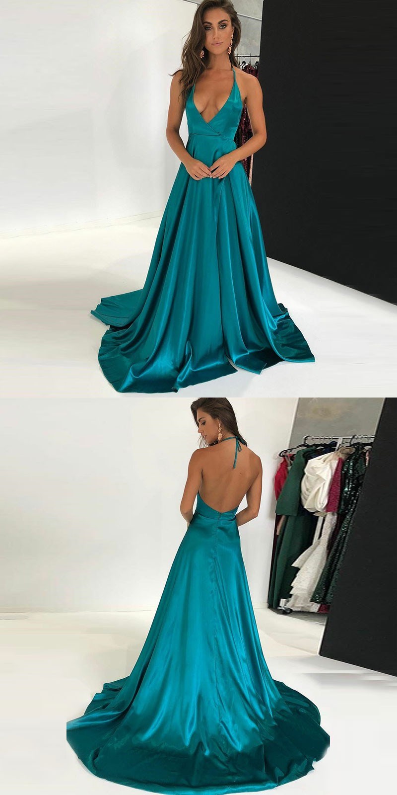 A-Line Halter Backless Sweep Train Turquoise Prom Dress on Luulla