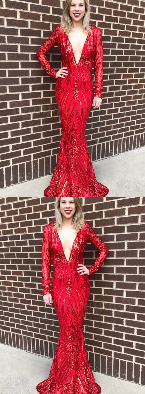 Mermaid Deep V-neck Long Sleeves Floor-length Red Prom Dress With Sequins