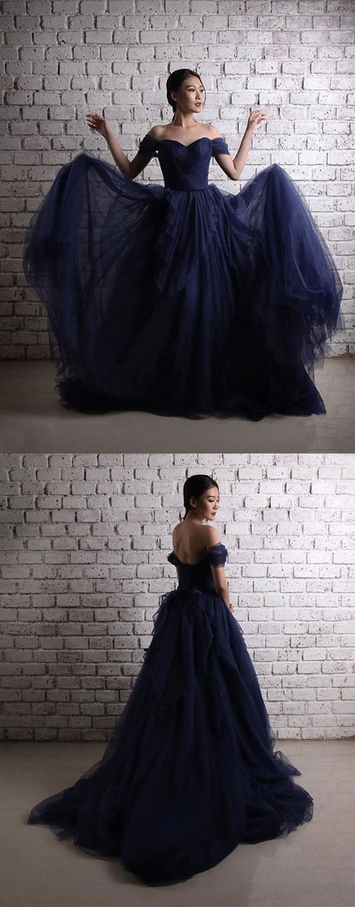 Dark blue tulle long prom dress, off shoulder evening dress