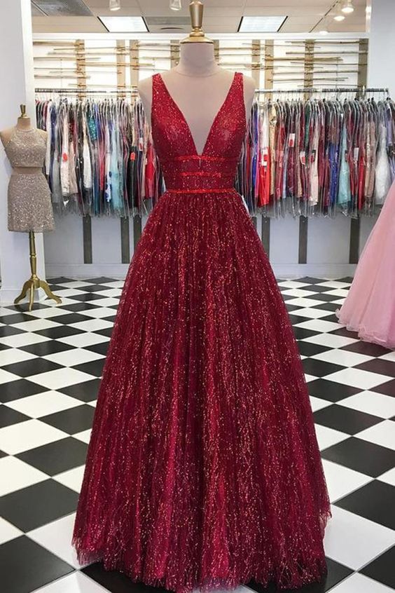 Stunning Red V Neck Sleeveless Prom Dresses Floor Length A Line Formal Party Dress