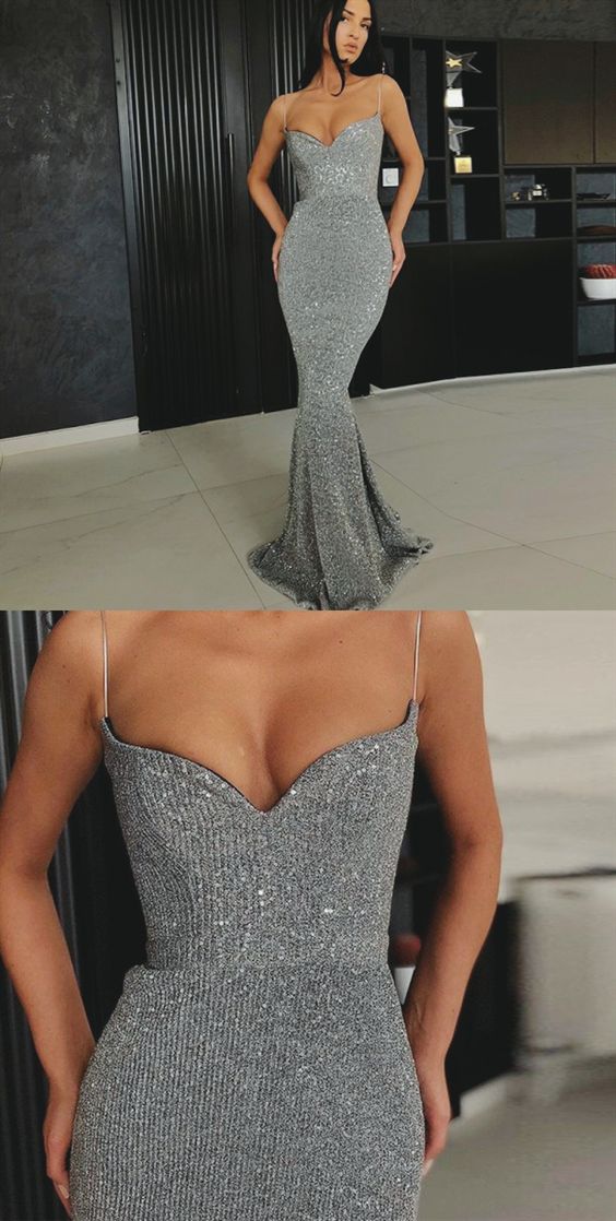Mermaid Spaghetti Straps Sleeveless Silver Sequin Long Prom Dress