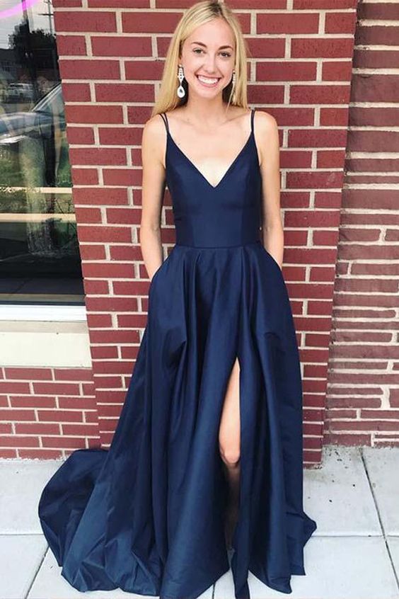 Straps Navy Blue Satin Long Prom Dress Evening Dress With Side Split