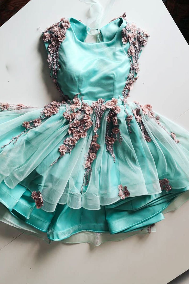 Green Tulle Lace Short Prom Dress, Green Lace Homecoming Dress