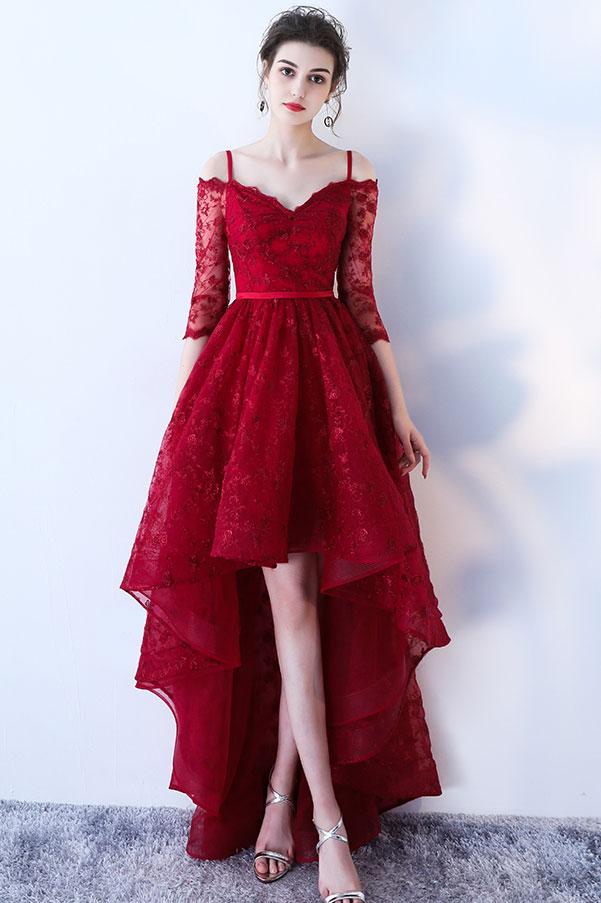 Burgundy Lace Short Prom Dress, Burgundy Homecoming Dress