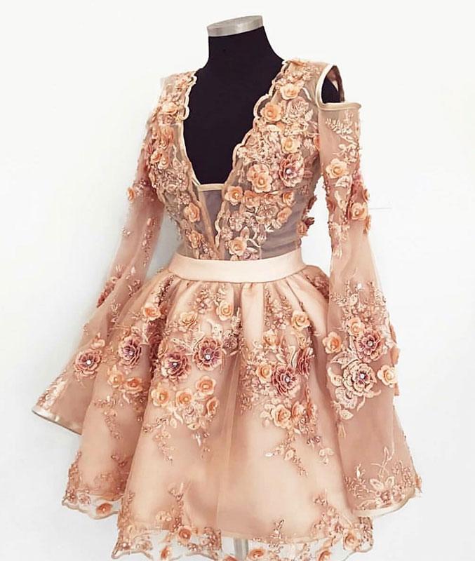 Cute Champagne Lace Applique Short Prom Dress, Homecoming Dress