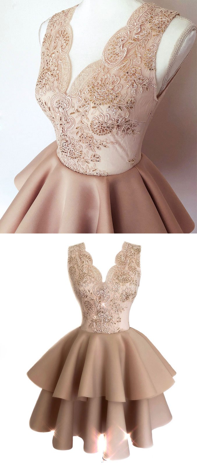 Champagne Lace Satin Short Prom Dress, Lace Homecoming Dress