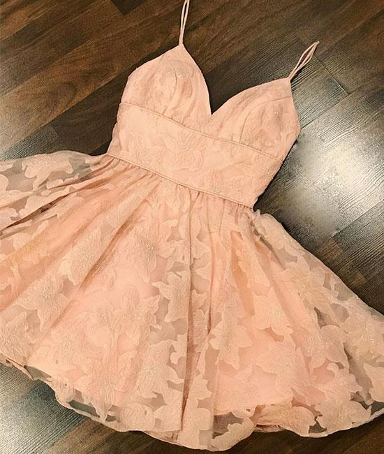 Pink Sweetheart Lace Short Prom Dress, Pink Homecoming Dress