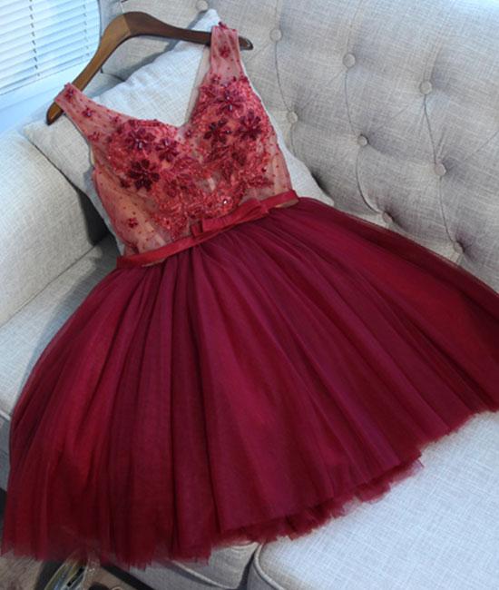 Burgundy V Neck Tulle Applique Short Prom Dress, Burgundy Homecoming Dress