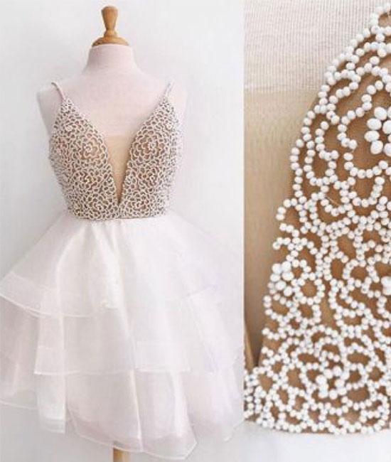 White V Neck Tulle Beads Short Prom Dress, White Homecoming Dress