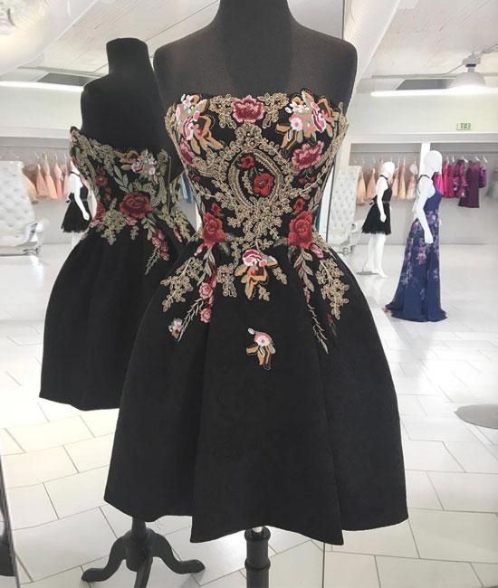 Black Lace Applique Short Prom Dress, Black Homecoming Dress