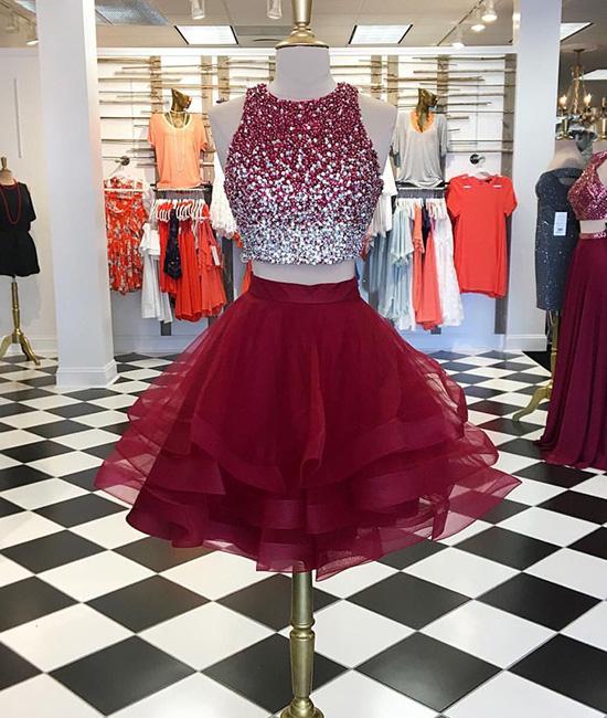 Burgundy Two Pieces Sequin Tulle Short Prom Dress, Homecoming Dress