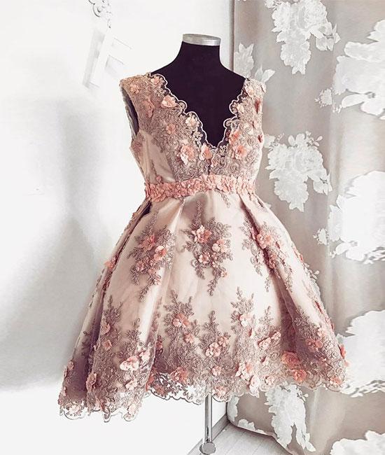Pink V Neck Lace Short Prom Dress, Pink Homecoming Dress