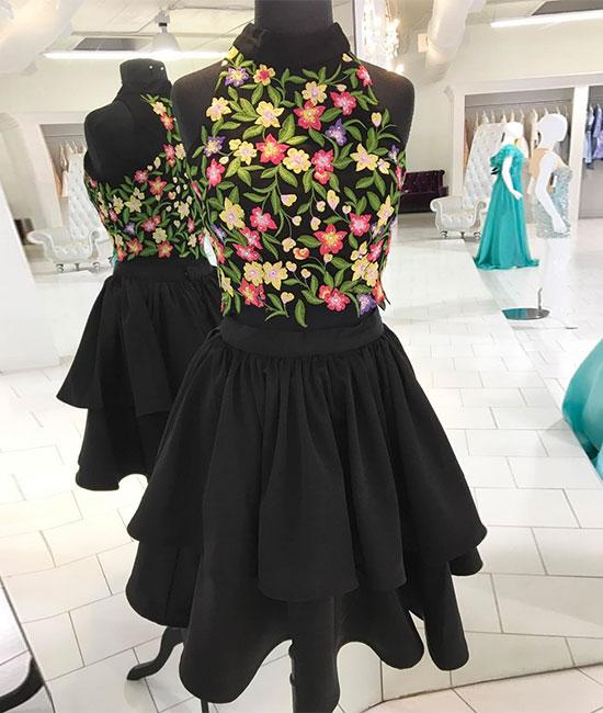 Black Two Pieces Applique Short Prom Dress, Homecoming Dress