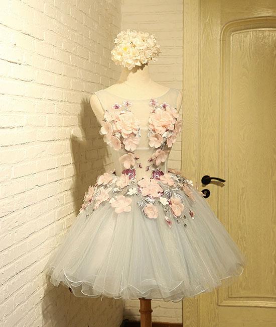 Cute Round Neck Gray Tulle Lace Applique Short Prom Dresses