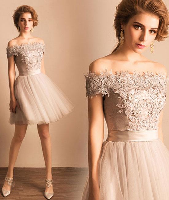 Cute Gray Lace Tulle Short Prom Dress, Homecoming Dress