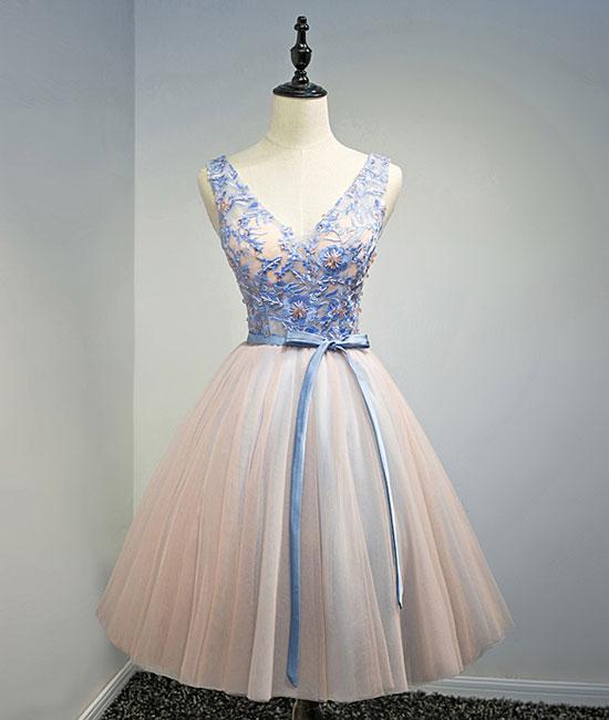 Pink V Neck Tulle Lace Applique Short Prom Dress, Homecoming Dress