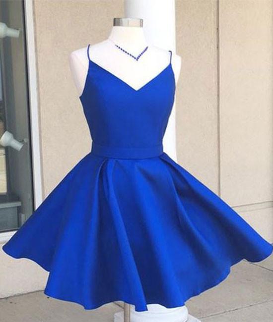 Simple V Neck Blue Short Prom Dress. Cute Homecoming Dress