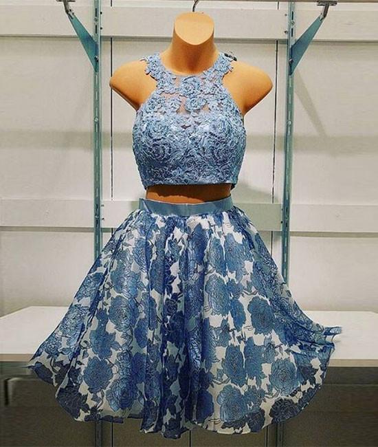 Blue Two Pieces Lace Short Prom Dress, Blue Homecoming Dress