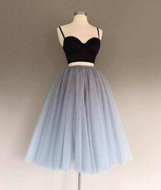 Gray Tulle Two Pieces Short Prom Dresses, Cute Homecoming Dress