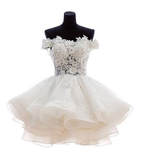 White Sweetheart Lace Applique Short Prom Dress, Cute White Homecoming Dress