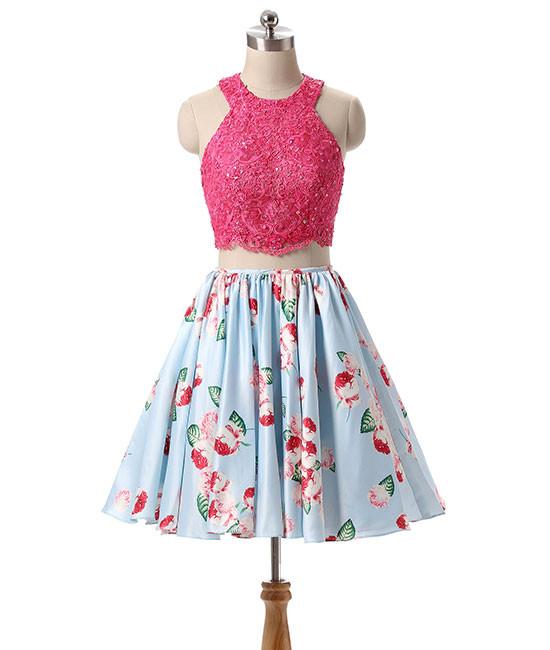 Pink Lace Short Prom Dress, Pink Cute Homecoming Dress