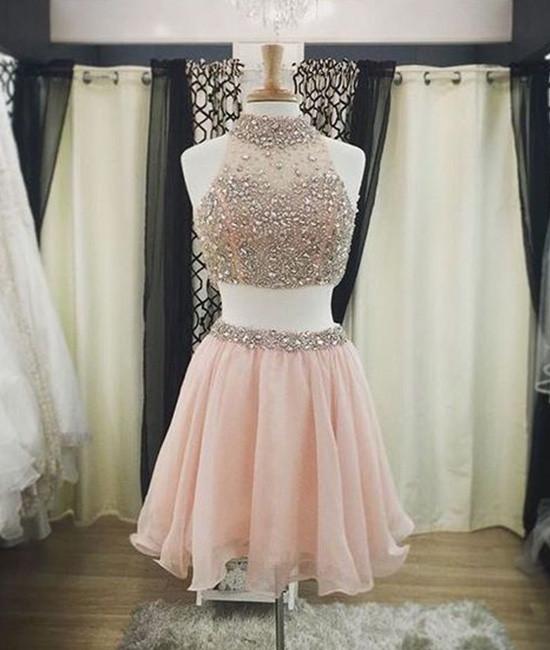 Cute Two Pieces Sequin Short Prom Dress, Cute Pink Homecoming Dress