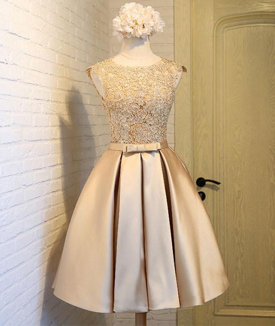 Champagne Lace Short Prom Dress, Cute Homecoming Dress