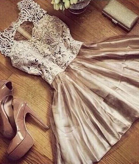 Champagne Round Neck Lace Tulle Short Prom Dress, Cute Homecoming Dress