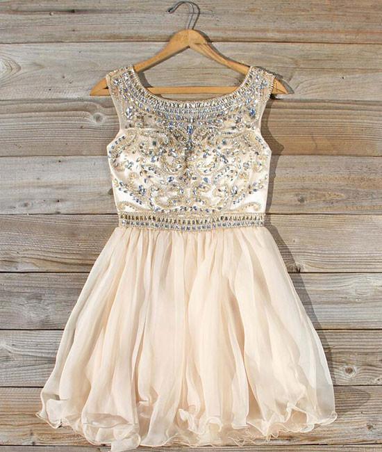 Cute Round Neck Bead Apricot Short Prom Dress, Homecoming Dress