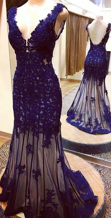 Mermaid Navy Blue Lace Appliques Tulle Long Prom Dress,pl0082