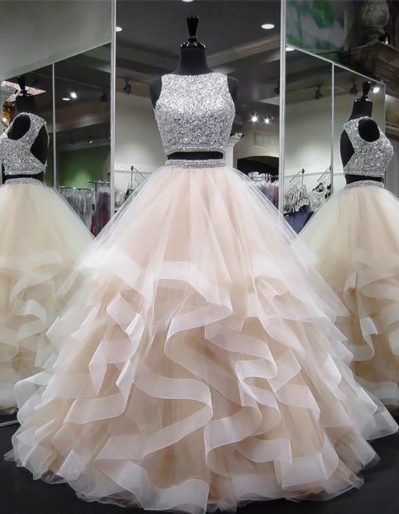 Dazzling Crop Top Princess Ruffles Skirt Two Piece Prom Gown,prom Dress Long Ball Gown,pl0096