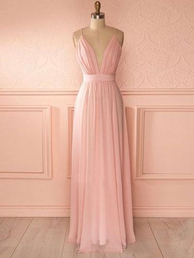 Pink Chiffon Bridesmaid Dresses Long Plunge V Neck Prom Dress,pl0114