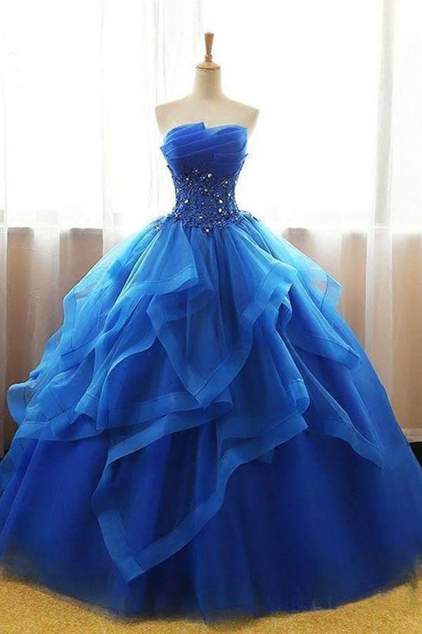 Mexican Organza Strapless Royal Blue Ball Gown Prom Dress Quinceanera Dress,pl0120