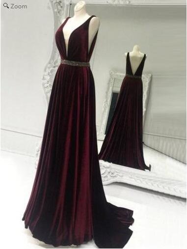 Plunge V Neck Long Velvet Prom Dress With Beading Around Waist,pl0125