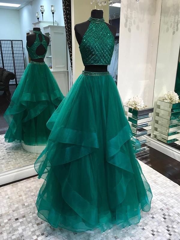 Illusion Two Piece Long Hunter Green Prom Dress With Delicate Beading Top,pl0129