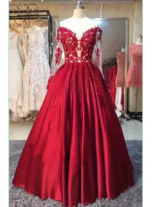 Ball Gown Prom Dress,red Prom Dress,off Shoulder Prom Dress, Long Sleeve Prom Dress,pl0168