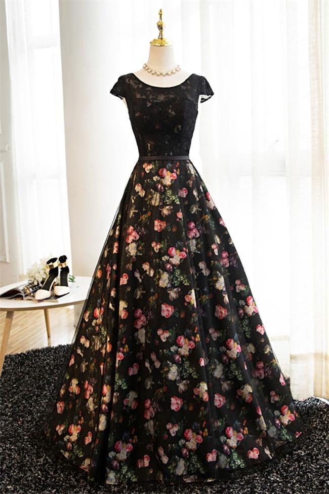 Lace Black Ball Gown Cap Sleeves Printed Fabric Formal Prom Dresses Evening Party Dress,pl0313