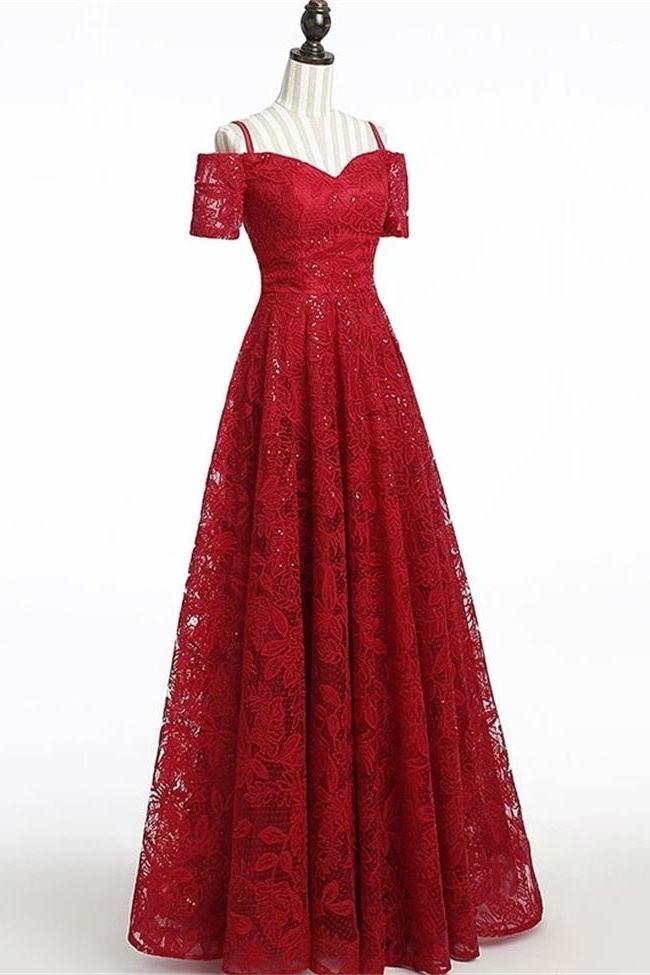 Chic Short Sleeves Burgundy Lace Straps Long Prom Dresses Formal Evening Dress Party Gowns,pl0314