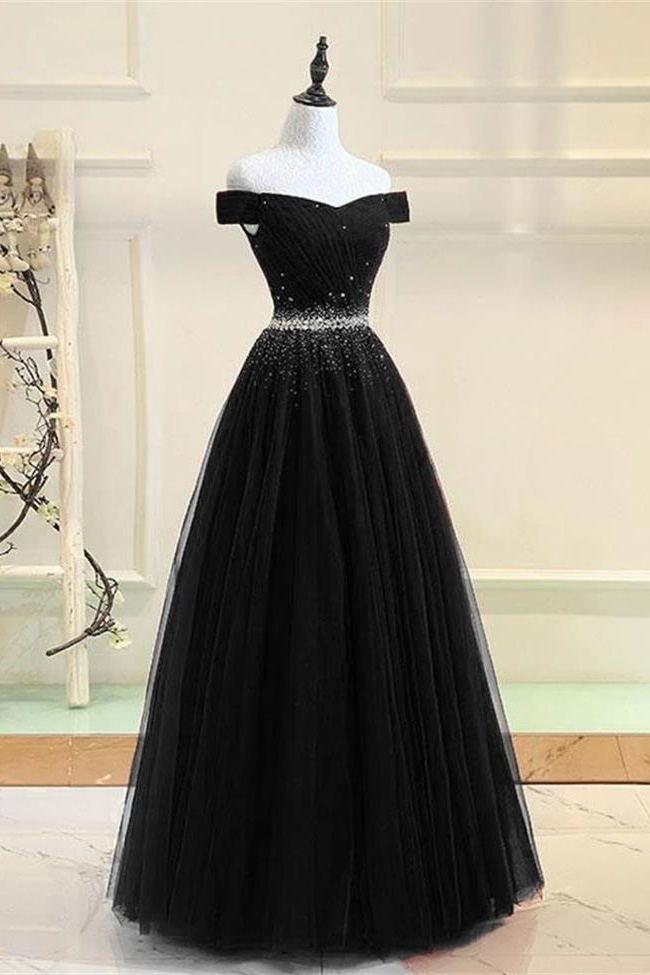 Charming A Line Off The Shoulder Beaded Black Prom Dresses Formal Evening Dress Party Gowns,pl0315