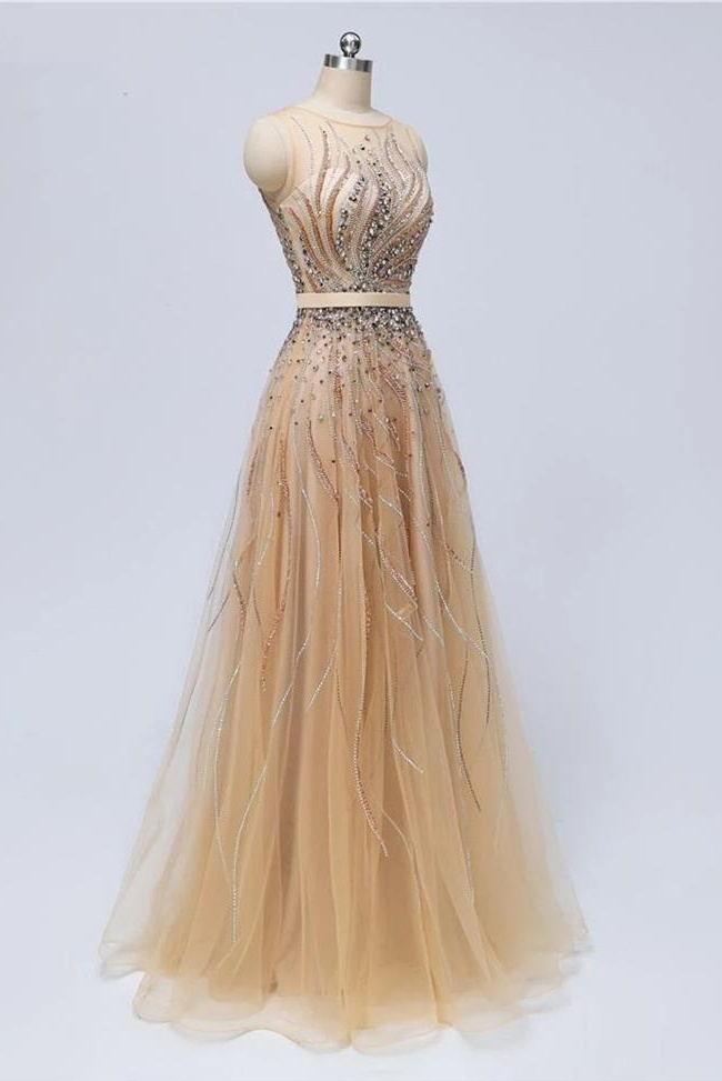 2020 A Line Tulle Beaded See Through Long Prom Dresses Formal Evening Dress Party Gowns,pl0336