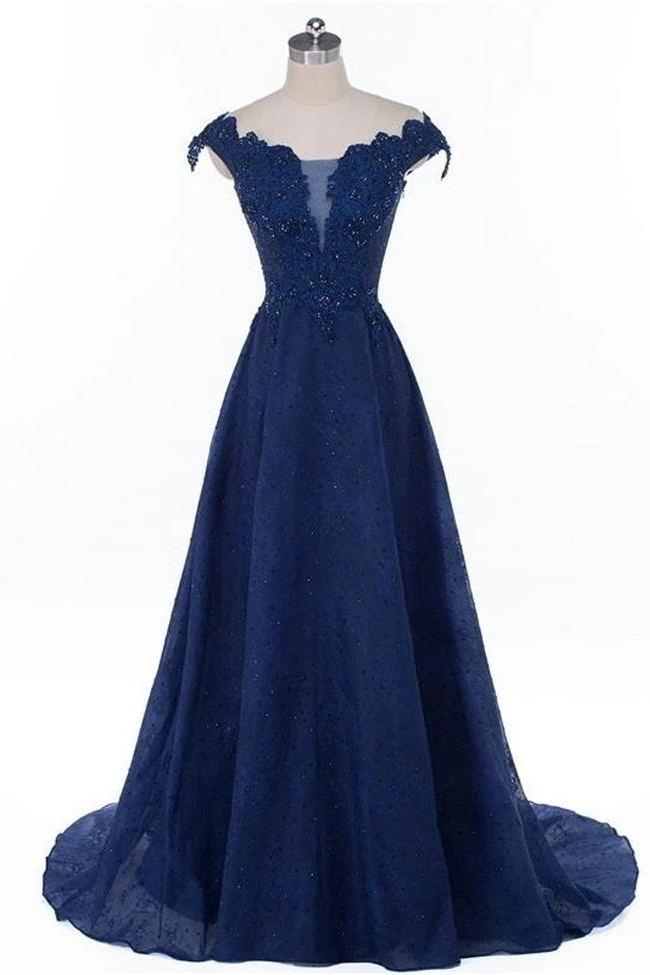 A Line Cap Sleeves Dark Blue Beaded Lace Long Prom Dresses Formal Grad Dress Evening Gowns,pl0344