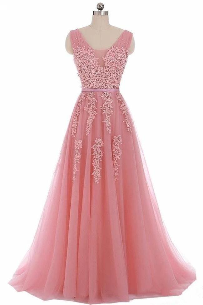 Charming Open Back Pink Lace Appliques Long Prom Dresses Formal Grad Dress Evening Gowns,pl0345