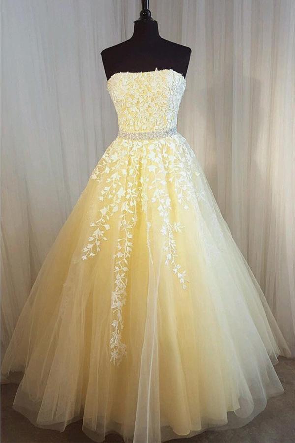 Elegant Ivory Long Prom Dress with Lace Appliques US 10 / Yellow