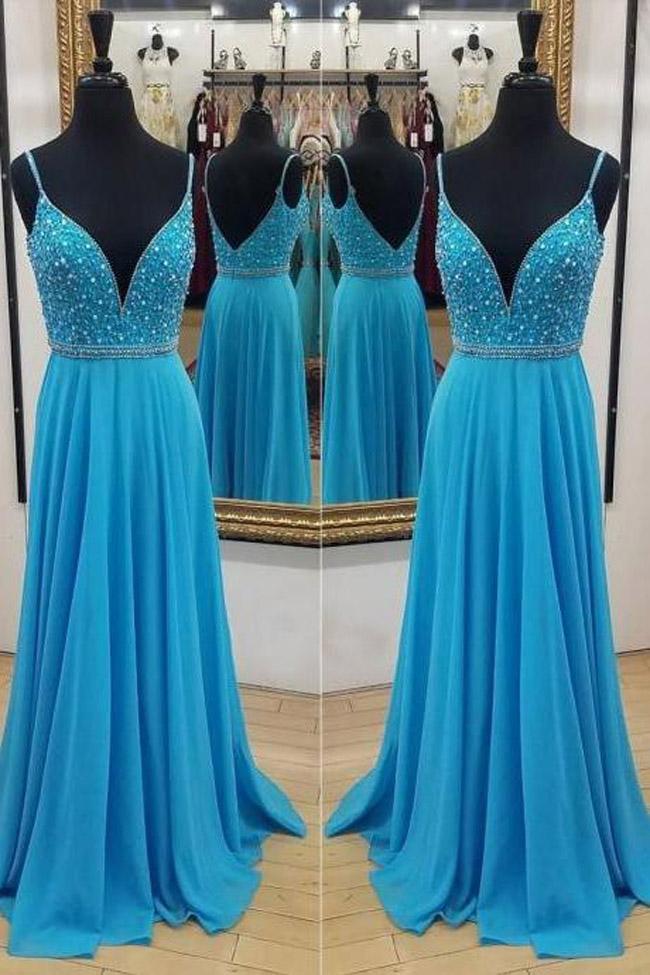 Spaghetti Straps V Neck Blue Chiffon Beaded Backless Long Prom Dresses Formal Evening Dress,pl0351