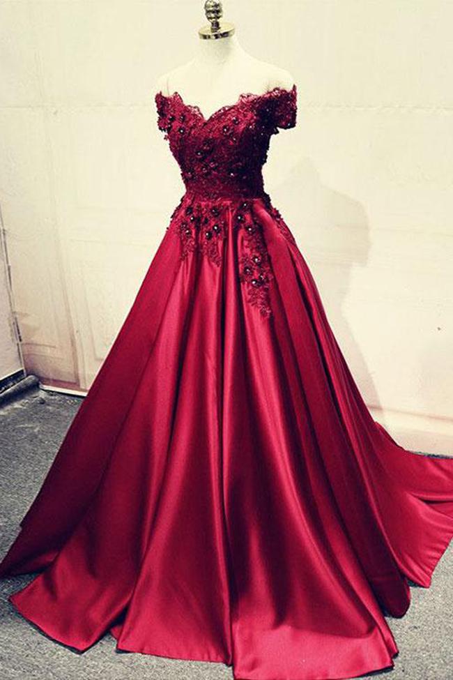 Fashion Off The Shoulder Lace Appliques Burgundy Bead Prom Dresses Formal Evening Gown Dress ,pl0364