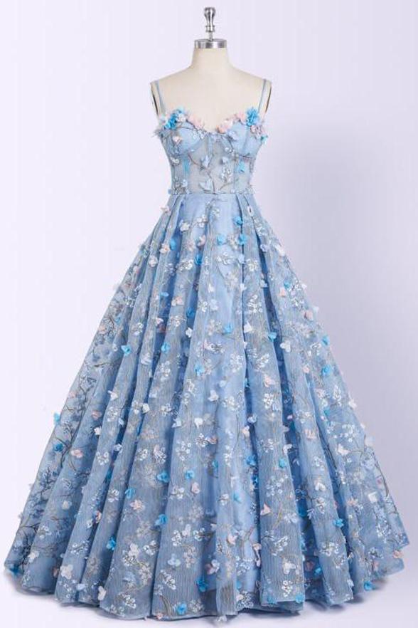 Charming 3d Floral Light Blue Ball Gown See Through Prom Dresses Formal Evening Grad Dress ,pl0367