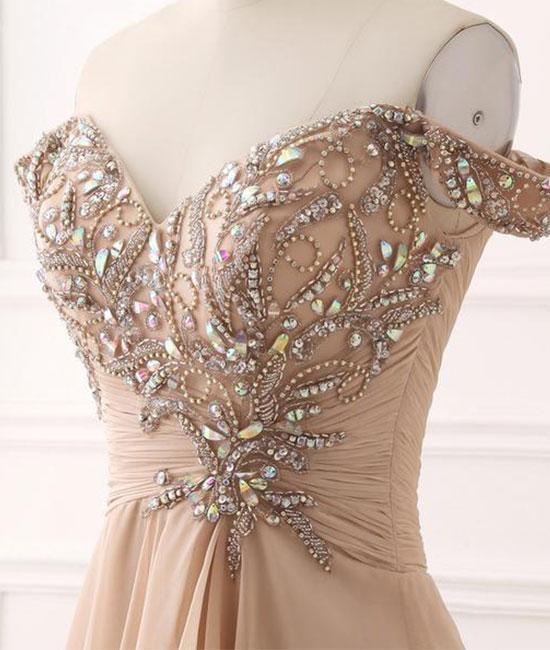 A-Line/Elegant Off-the-Shoulder Beading Chiffon Floor-Length Sleeveless Prom Dresses