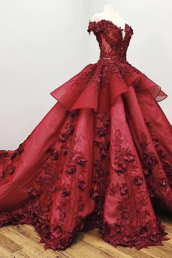 Luxurious Burgundy Lace Ball Gown 3d Floral Prom Dresses Formal Evening Quinceanera Dress,pl0380
