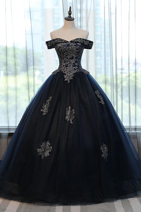 Navy Blue Off The Shoulder Lace Appliques Ball Gown Prom Dresses ...